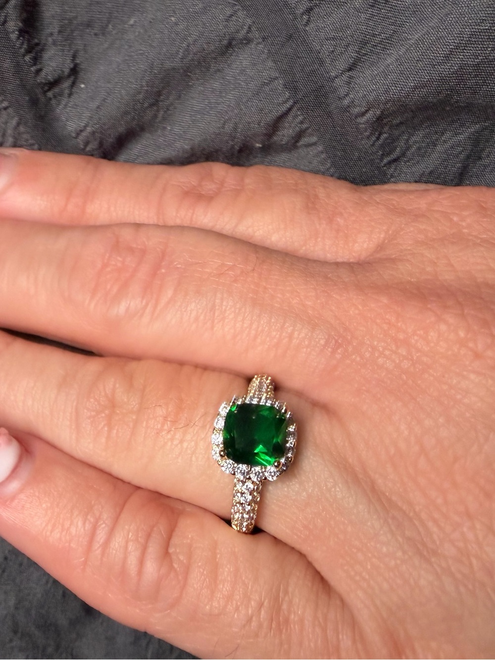 Gold Filled Emerald Green Halo Ring AAA CZ Cushion Cut Size 6